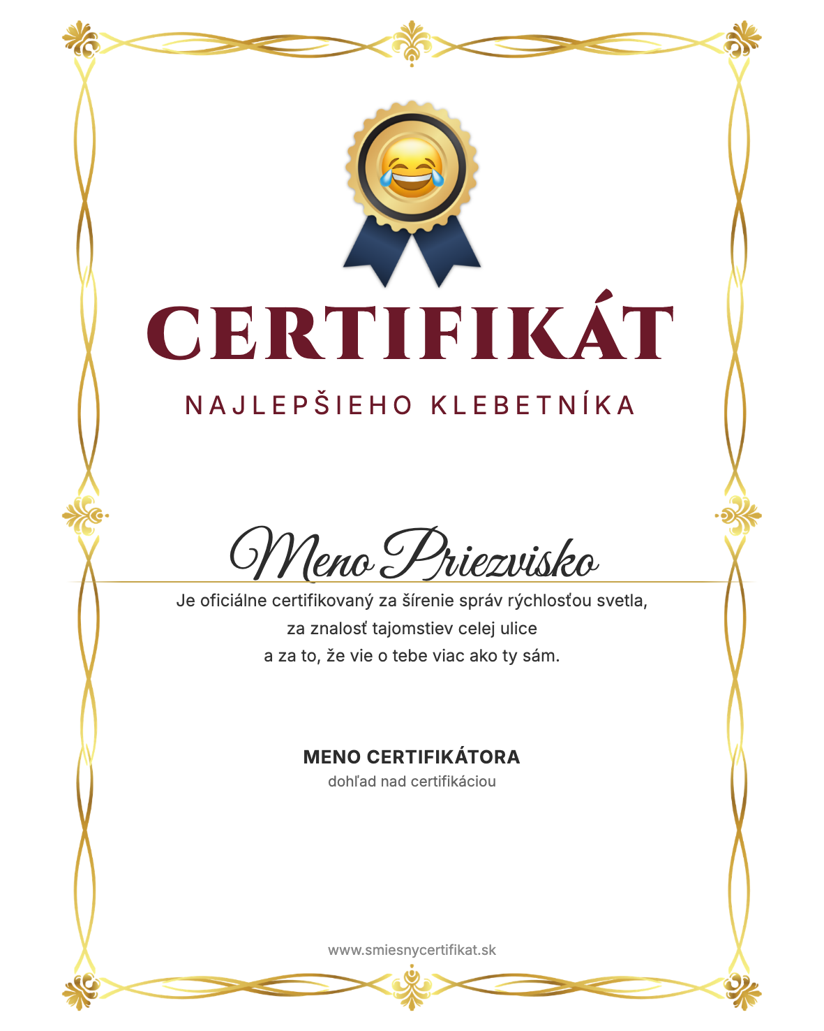 Certifikát Najlepšieho Klebetníka