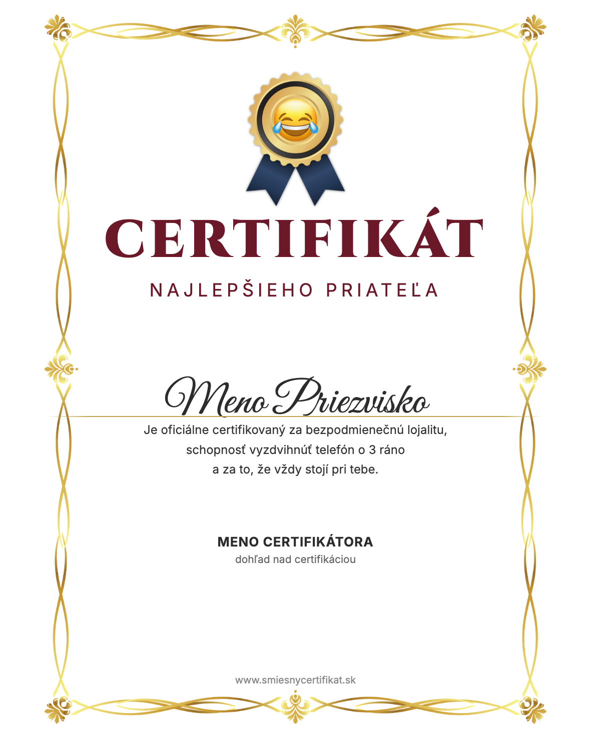 Certifikát Najlepšieho Priateľa