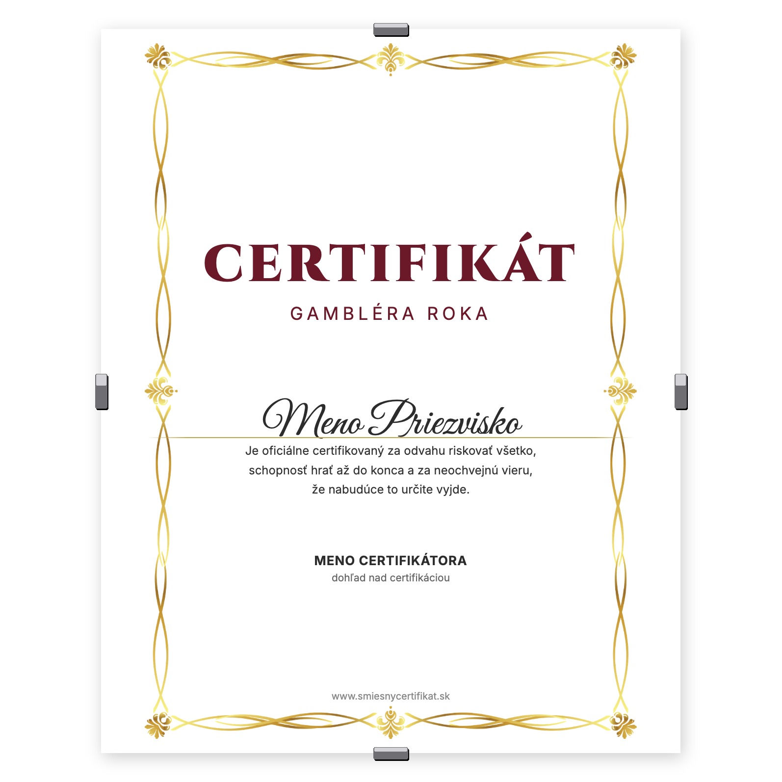 Certifikát Gambler Roka