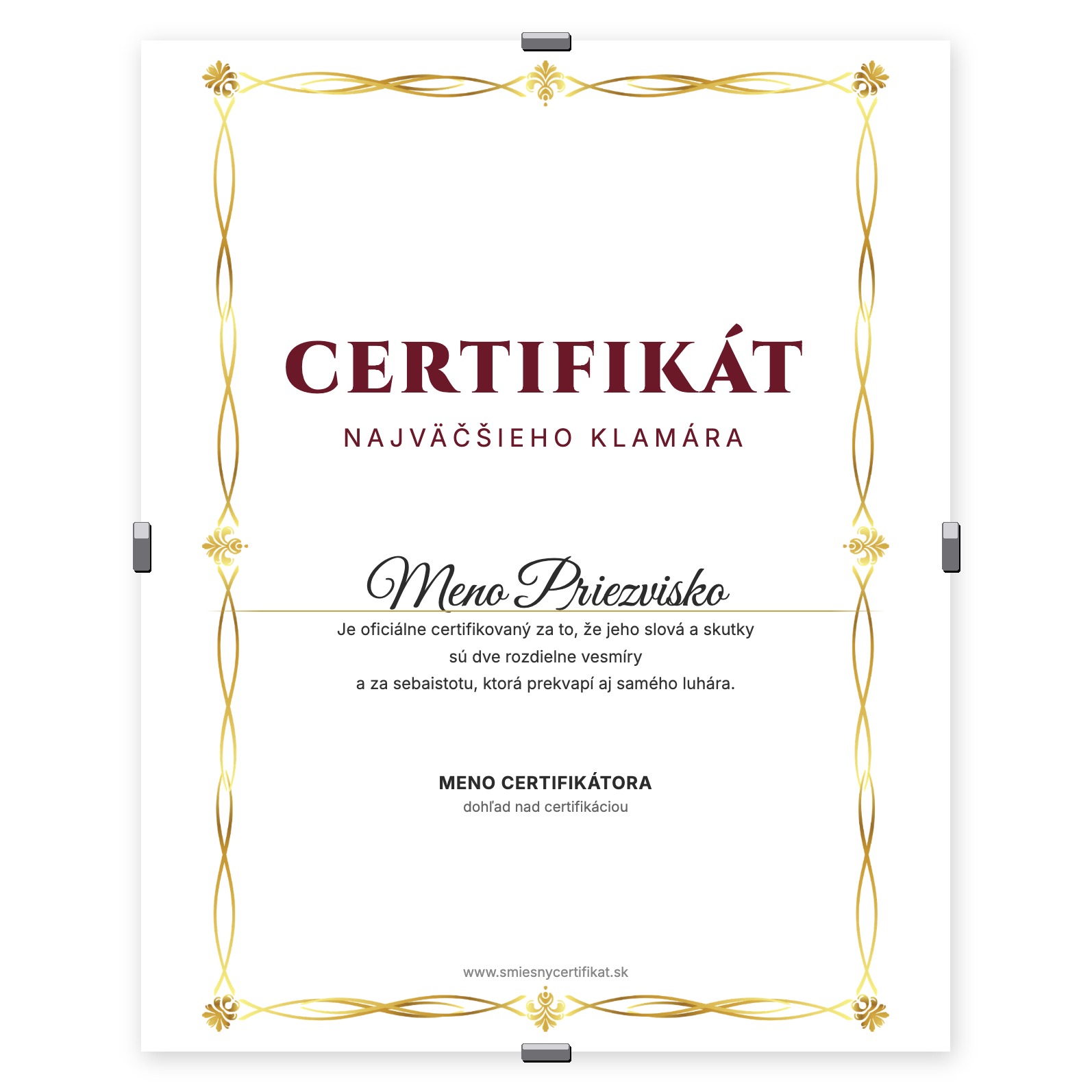 Certifikát Najväčšieho Klamára