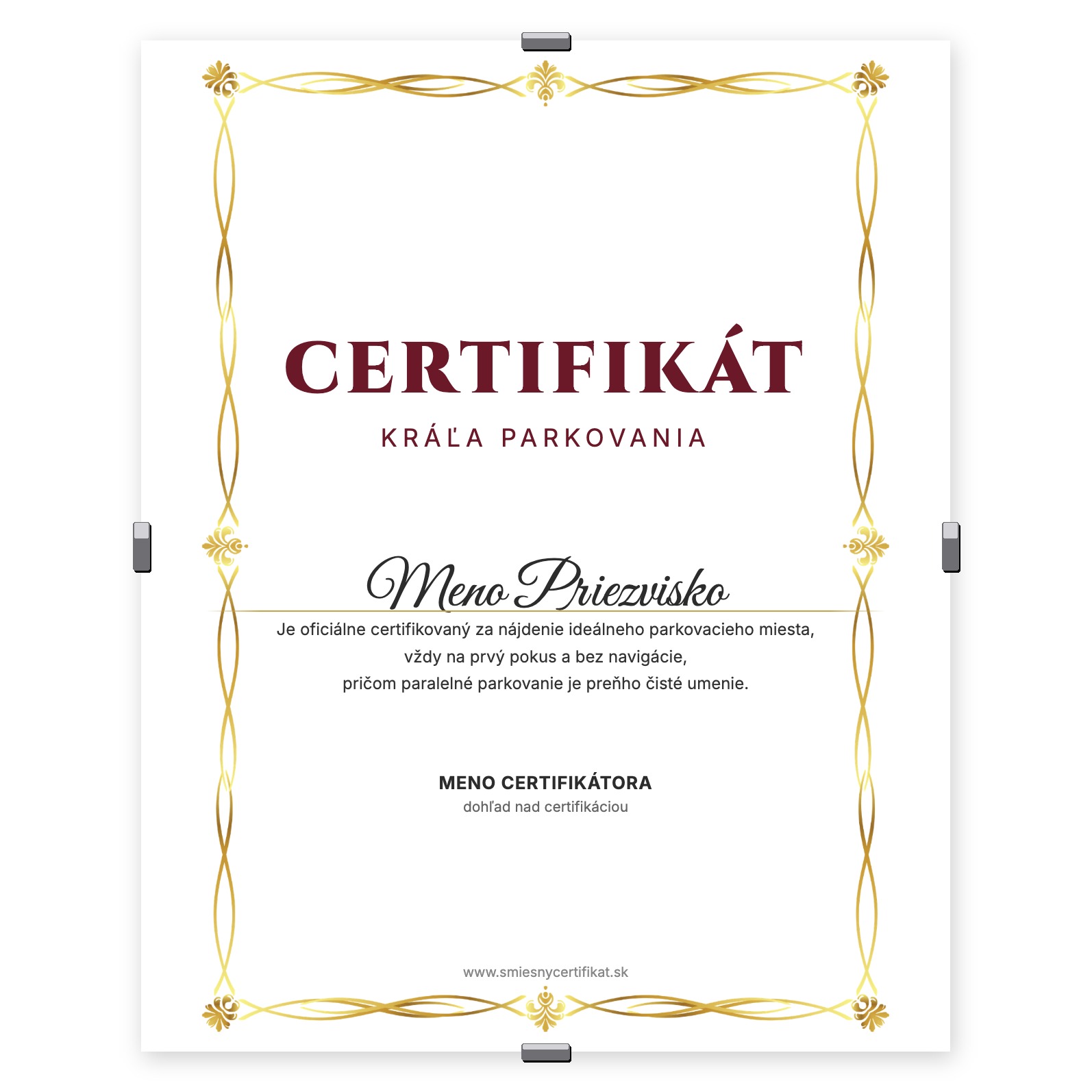 Certifikát Kráľa Parkovania