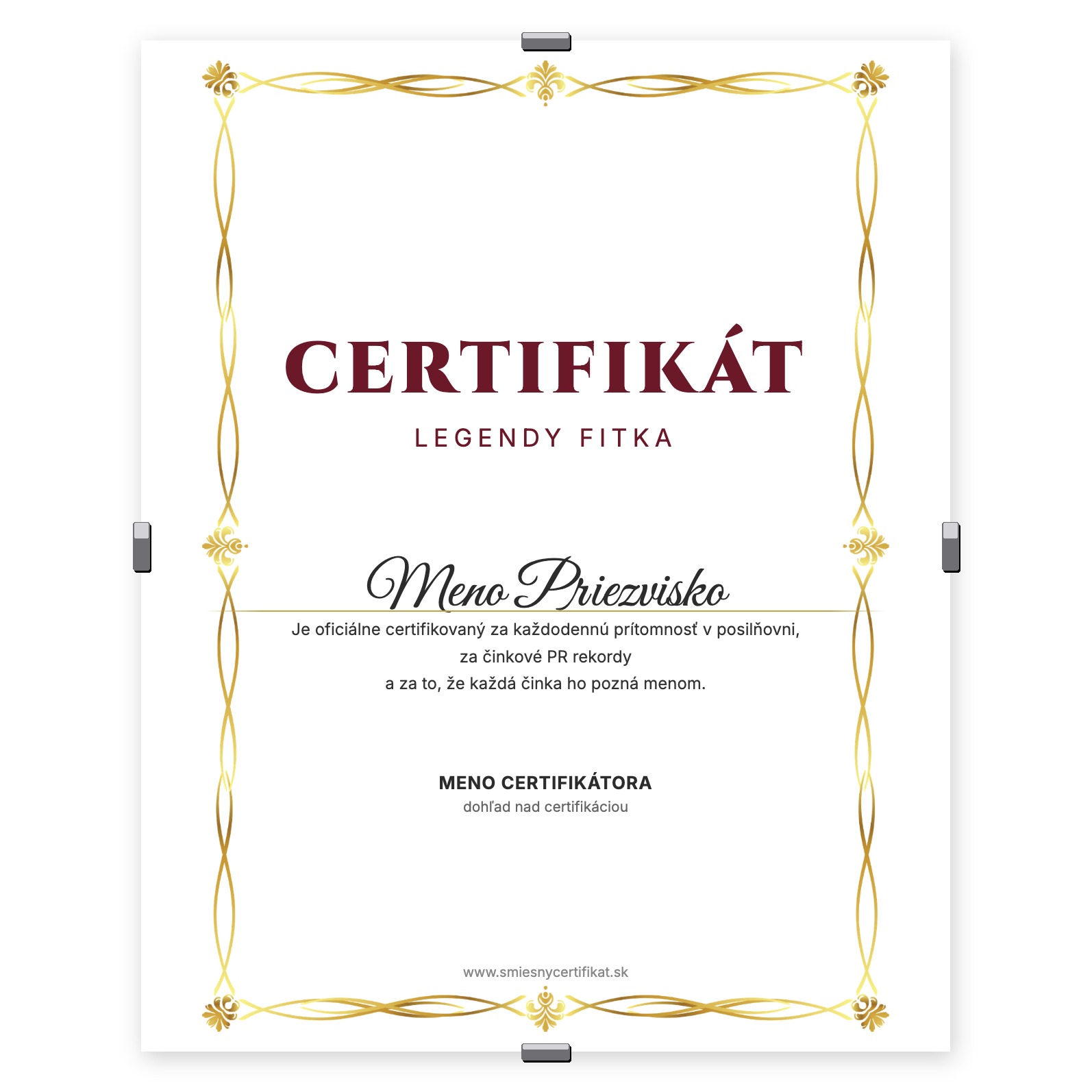 Certifikát Legendy Fitka