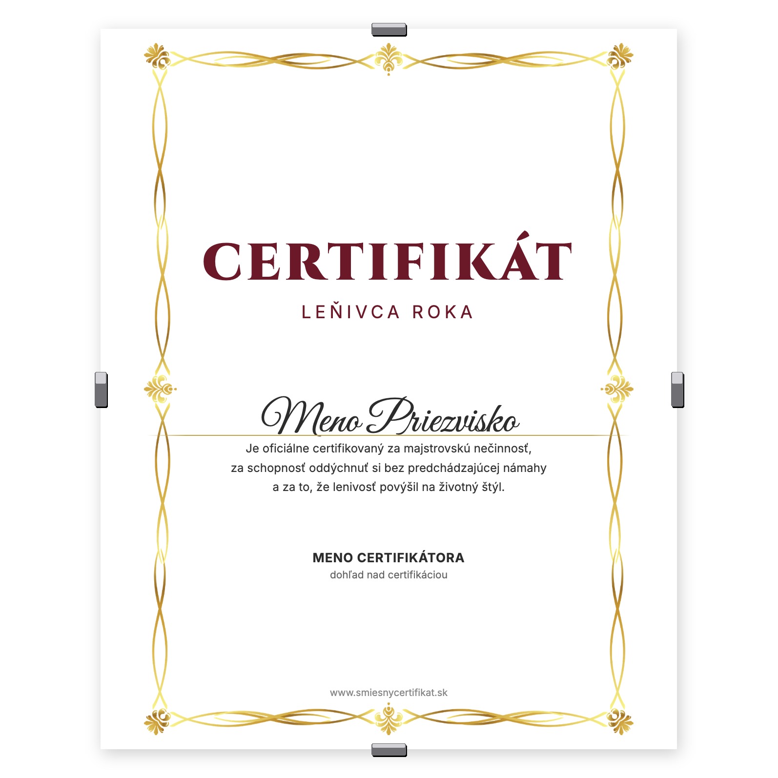 Certifikát Leňivca Roka