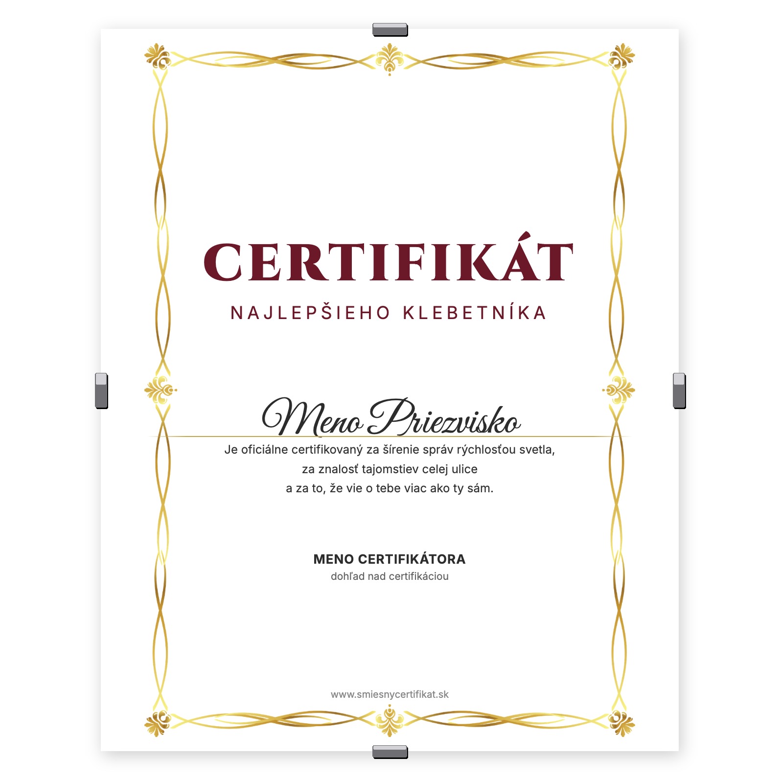 Certifikát Najlepšieho Klebetníka