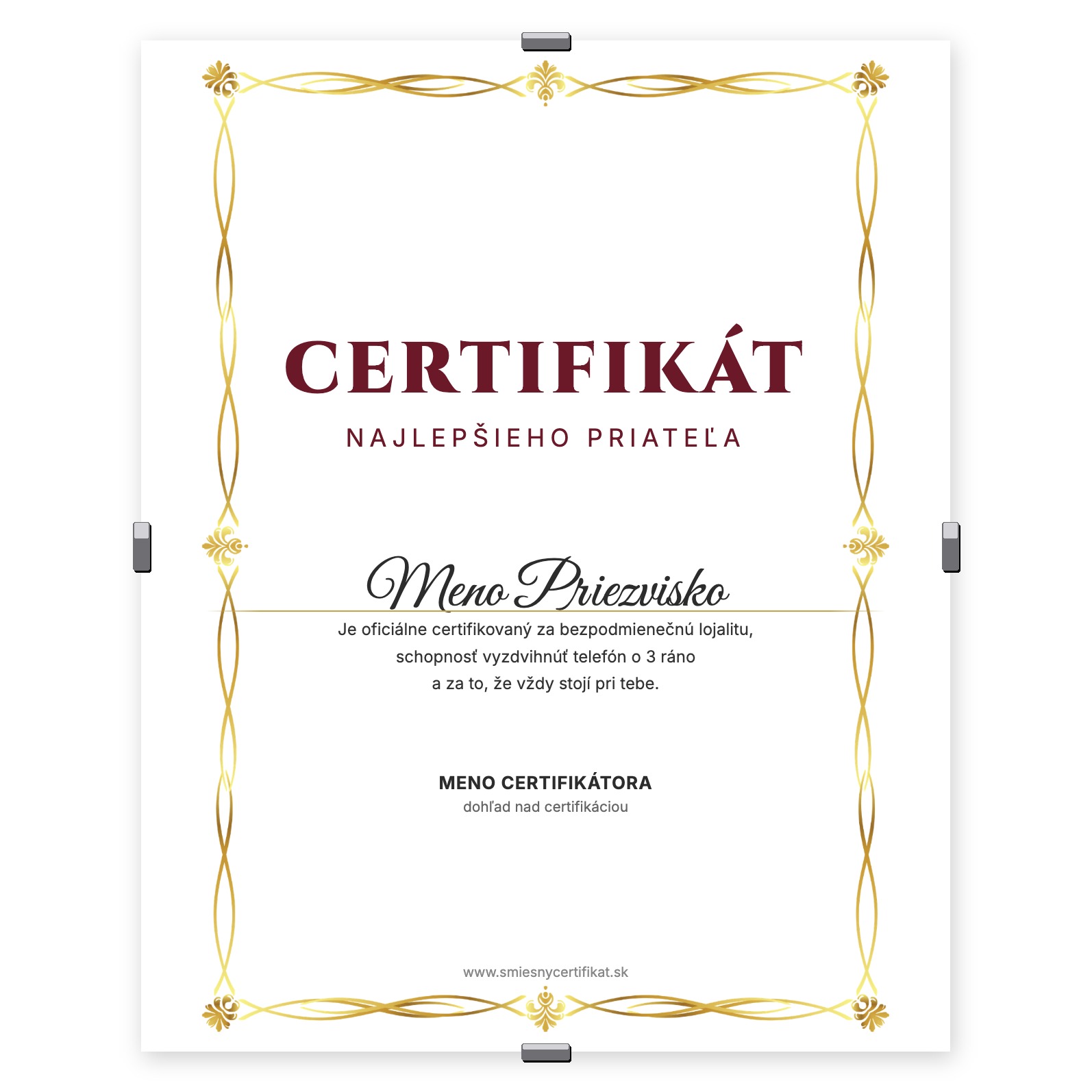 Certifikát Najlepšieho Priateľa